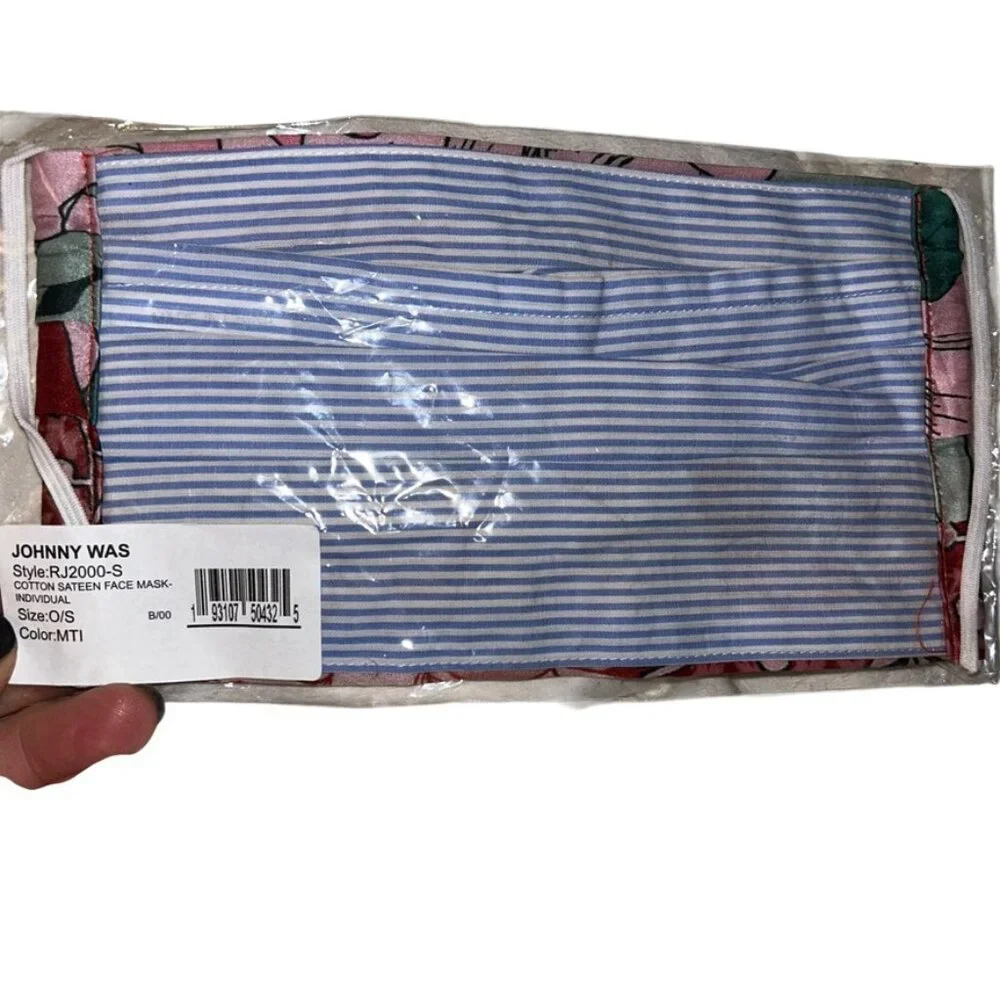 johnny was NIP pink floral blue engineer stripe cotton face mask NEW